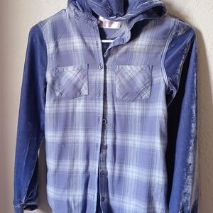 Plaid Button-Up Hoodie with Velvet Sleeves
